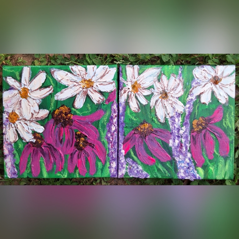 "Daisy Days" Original Artwork Diptych - Daisies & Magenta Coneflowers (2) 6 X 6